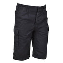 Black knee-length military bermuda shorts with cargo pockets, durable fabric, and adjustable waistband for outdoor use.