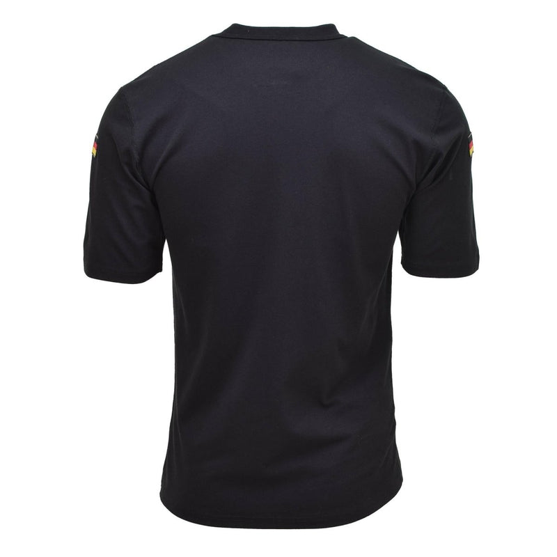 Black Leo Kohler military undershirt with German flag on sleeves, short sleeve, first layer for army personnel.
