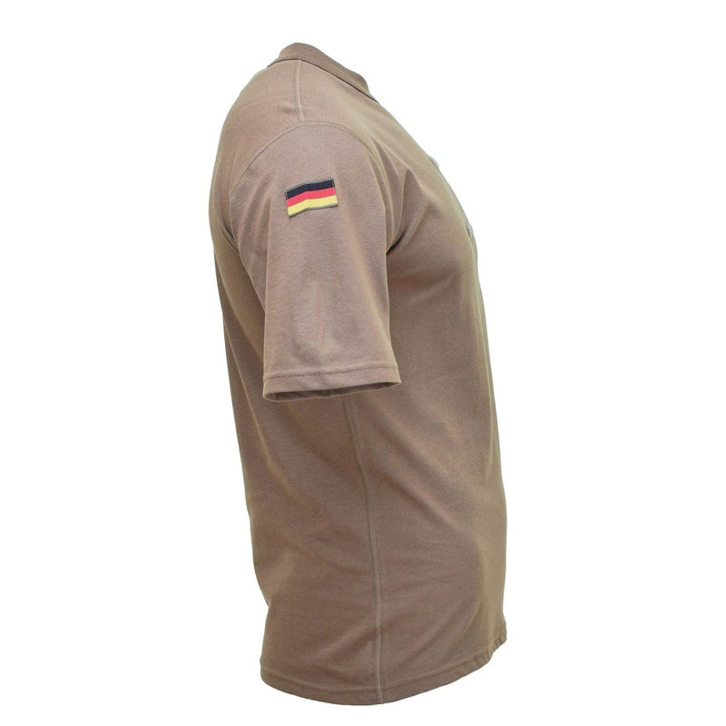Khaki Leo Kohler military T-shirt with German flag patch, lightweight and breathable base layer top for outdoor use.