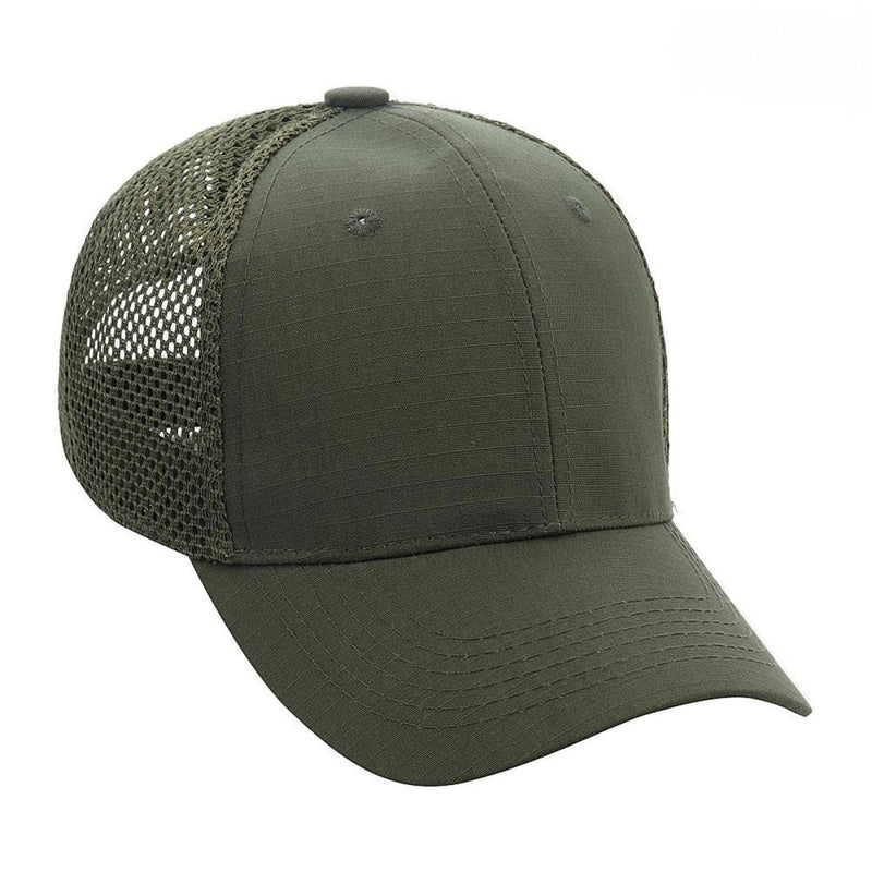 Olive green military-style baseball cap with mesh back, adjustable strap, and lightweight durable polycotton fabric.