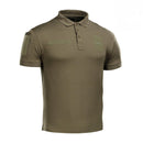Olive green M-TAC military style tactical polo shirt with breathable, lightweight fabric and hook and loop patches.