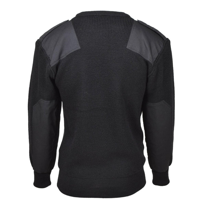 Back view of black MFH Brand German army sweater with reinforced rib-knit shoulder and elbow patches