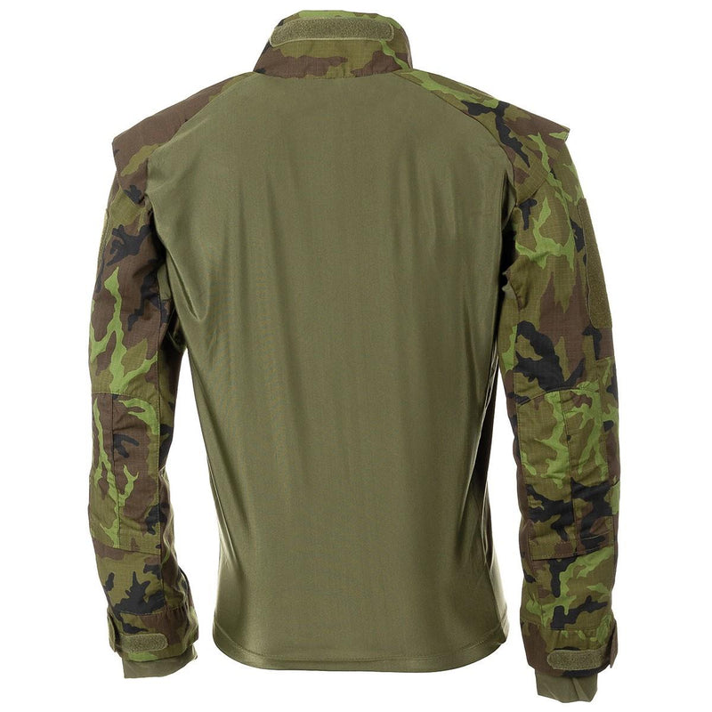 Back view of MFH brand M95 CZ camo military field shirt with green body and camo sleeves, tactical style.