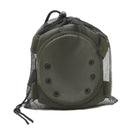 Green protective knee pad with mesh drawstring bag on a white background