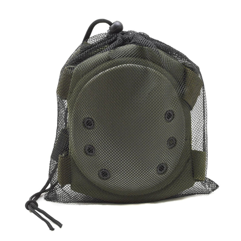 Green protective knee pad with mesh drawstring bag on a white background