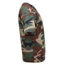 Side view of a U.S. military style short sleeve woodland camouflage T-shirt designed for durability and comfort