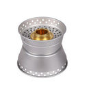 Compact brass burner with aluminum windscreen for the MIL-TEC camping cookware set, designed for outdoor cooking.