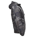Side view of MIL-TEC lightweight CCE night camouflage hooded anorak jacket with elastic cuffs and front flap pocket