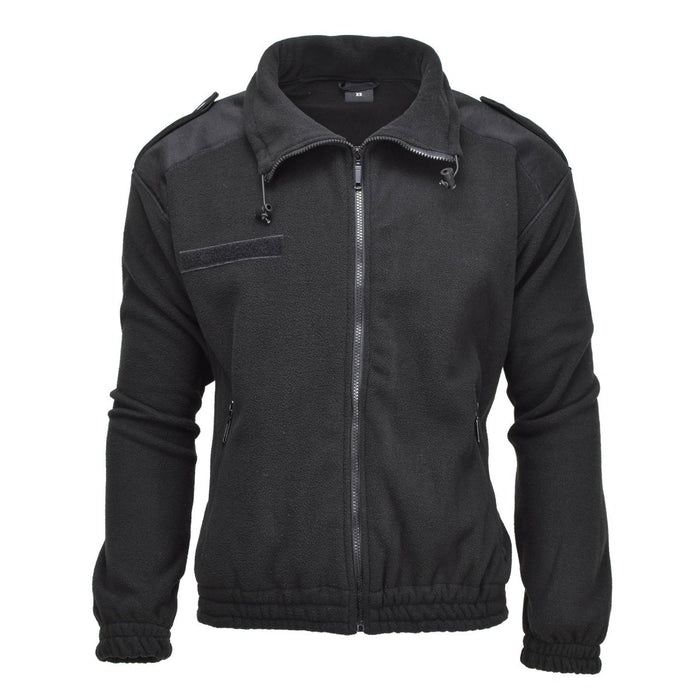 Black MIL-TEC German Military style fleece pullover jacket, full zipper, reinforced shoulders, elastic cuffs for cold weather