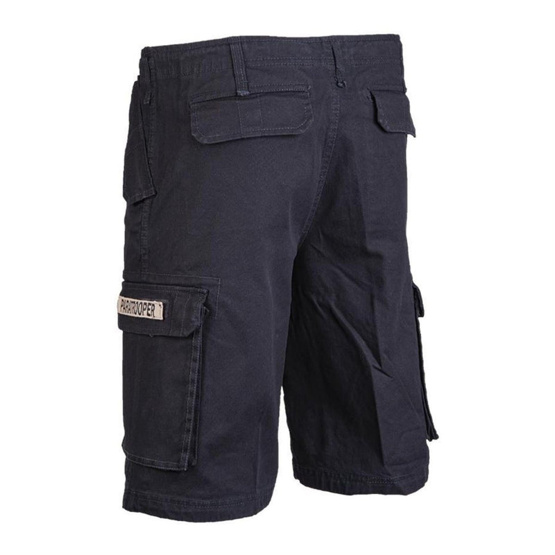 Black Mil-Tec prewashed moleskin paratrooper shorts with cargo pockets and belt loops for rugged outdoor use.