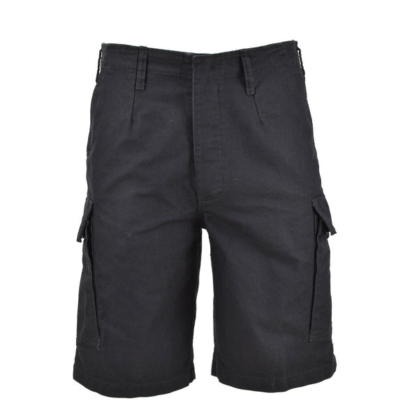 Black prewashed moleskin Bermuda shorts with cargo pockets, inspired by German Army style for rugged durability.