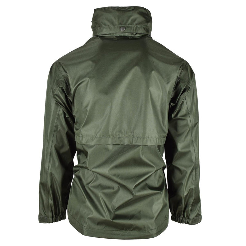 Back view of olive green Mil-Tec waterproof men’s jacket with adjustable collar and elastic cuffs.