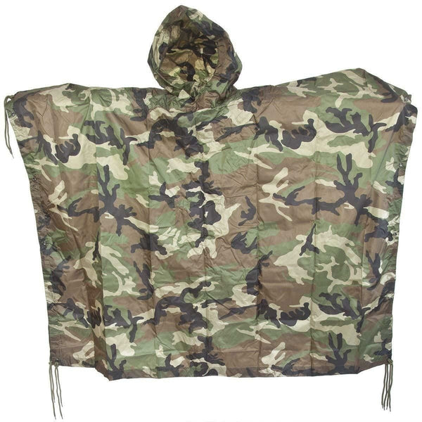 Woodland camouflage waterproof Mil-Tec poncho with hood, army style ripstop rain cape for outdoor and tactical use