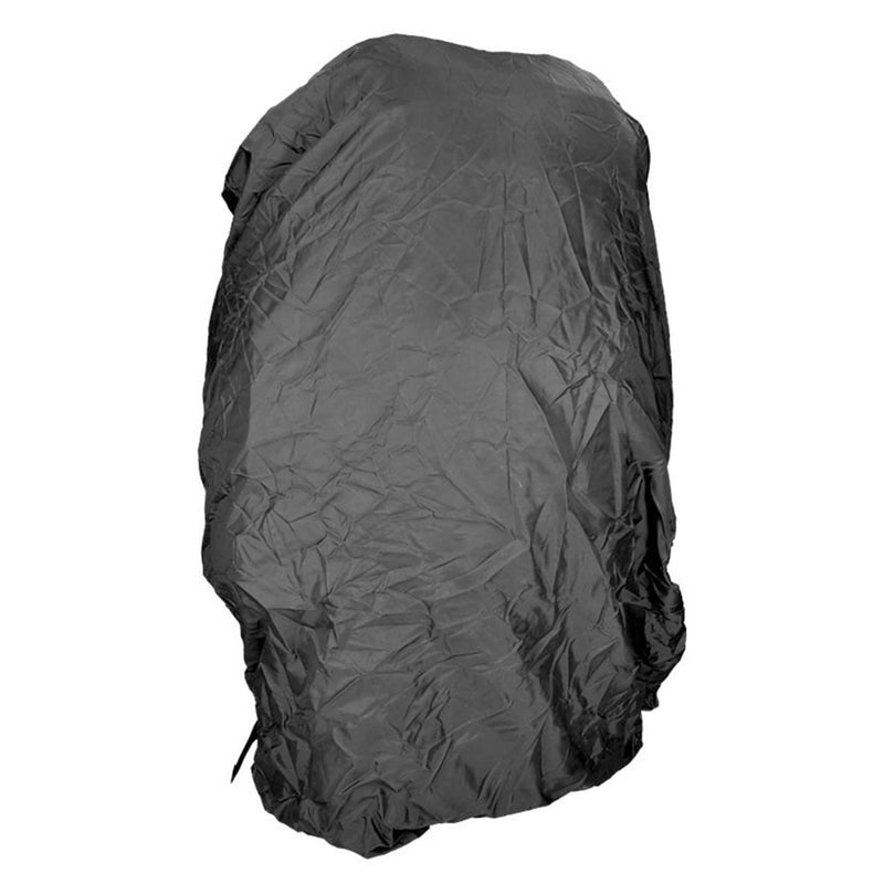 Black waterproof cover fully protecting a 55L MIL-TEC COMMANDO trekking backpack for outdoor use