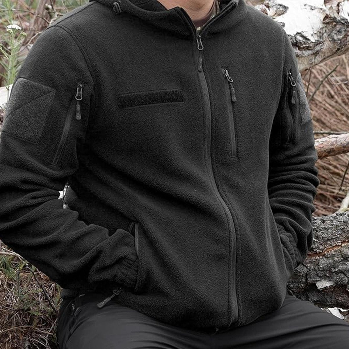 MIL-TEC GEN II Fleece Jacket Warm Reinforced Elbows Hood Chest Pocket Black