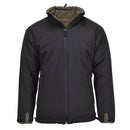 Black side of reversible MIL-TEC German military cold weather jacket with windproof insulation and adjustable features.