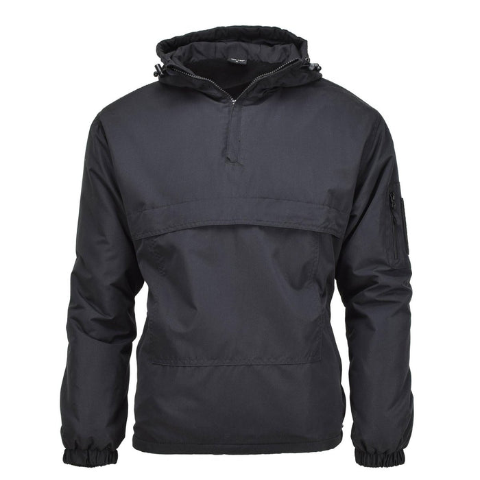Black MIL-TEC German military fleece-lined anorak jacket with hood, windproof and multiple pockets, designed for outdoor use.