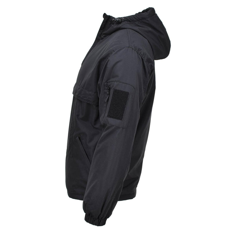 Side view of black MIL-TEC German military fleece-lined windproof hooded combat jacket