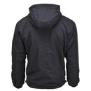 Back view of MIL-TEC black German military combat jacket with hood and fleece lining, windproof and durable design.