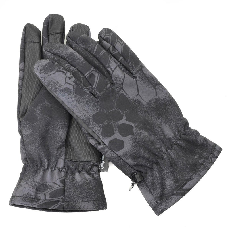 Black Mil-Tec men's softshell gloves with Mandra camo pattern and Thinsulate lining for warmth and durability in winter.