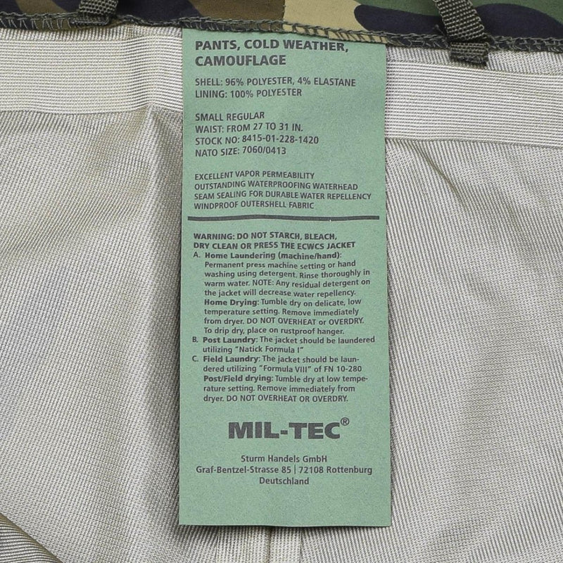 MIL-TEC cold weather camouflage pants with waterproof, windproof fabric and detachable braces, size small regular.