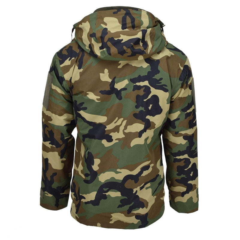 Back view of MIL-TEC GEN II woodland camo winter jacket with hood, water-resistant soft shell and fleece lining.