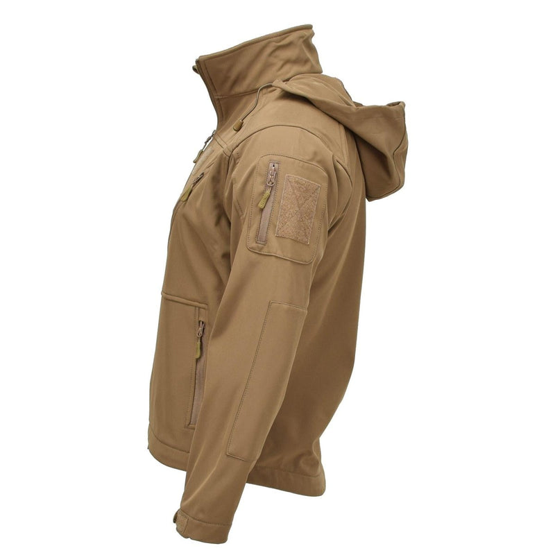 Dark coyote MIL-TEC military style soft shell jacket with hood and zippered pockets, designed for outdoor and tactical use.