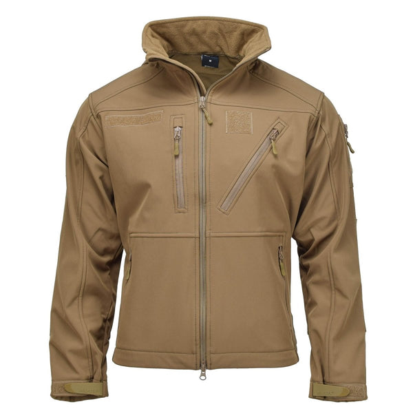 Dark coyote MIL-TEC military style SCU14 soft shell tactical jacket with hood and zippered pockets.