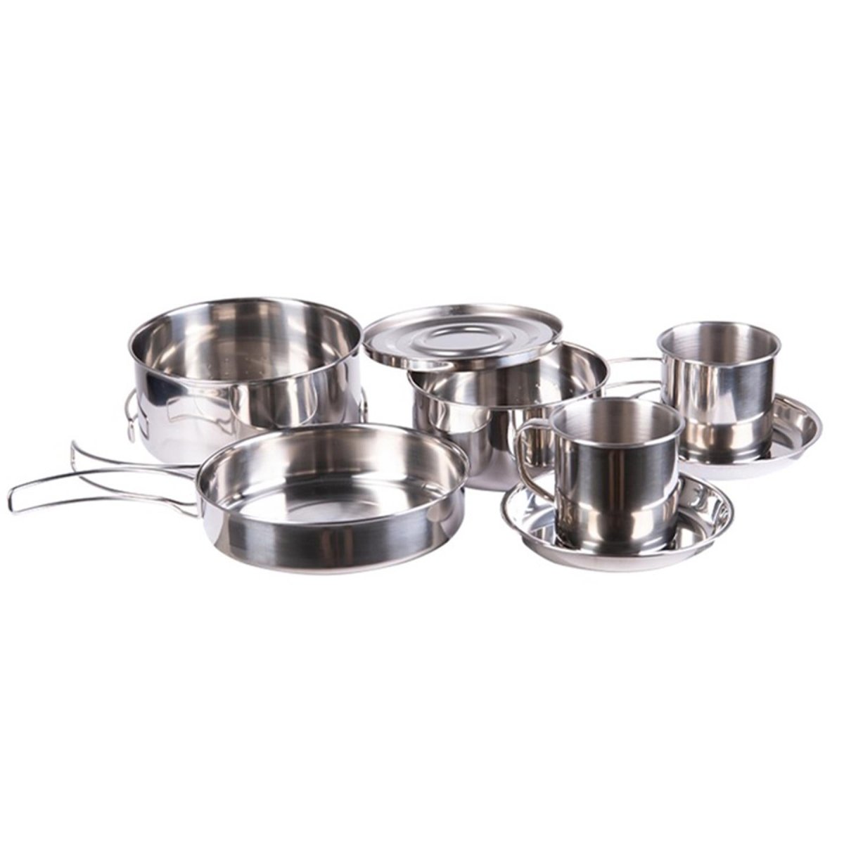 MIL-TEC outdoor cookware 8 pieces stainless camping cooking pot pan cup plate