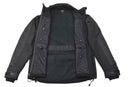 Black MIL-TEC softshell jacket with zippered pockets, windproof, water-resistant, and vented armpits for breathability.