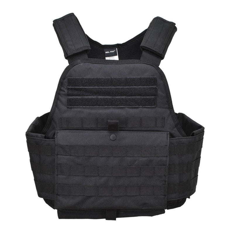 Black MIL-TEC tactical plate carrier vest with adjustable straps and MOLLE webbing for modular attachments and ballistic protection