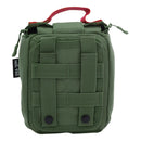 Compact olive green Mil-Tec tactical first aid kit pouch with MOLLE straps and red carry handle for emergency medical supplies.