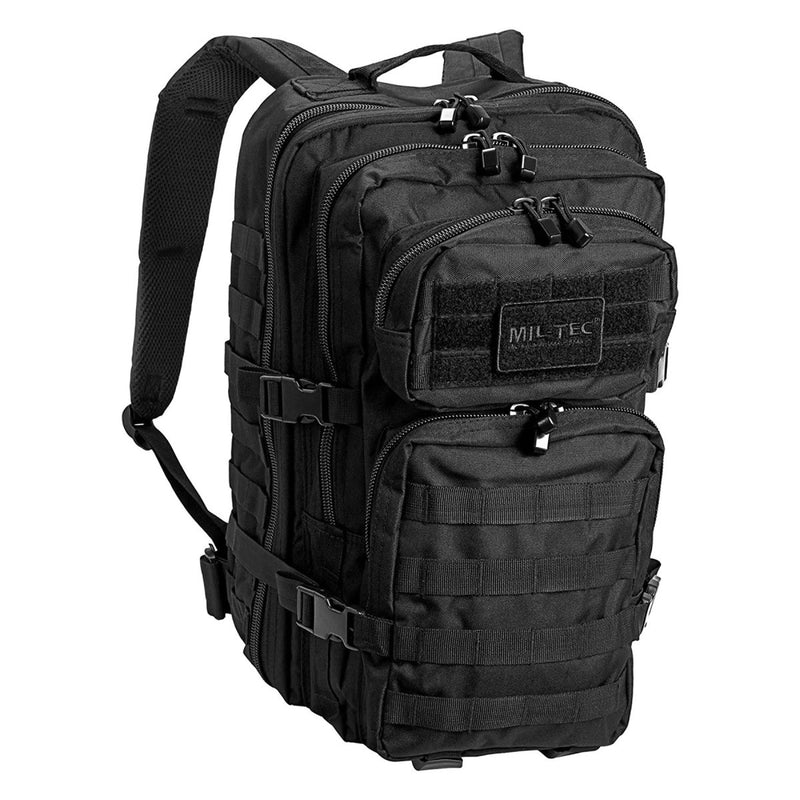 Black MIL-TEC U.S. Assault 36L tactical backpack with multiple compartments and adjustable padded straps for outdoor hiking and trekking.