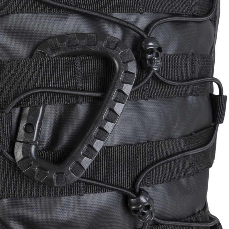Close-up of black MIL-TEC U.S. Assault Ranger backpack showing durable PVC coating and skull-adorned cord locks