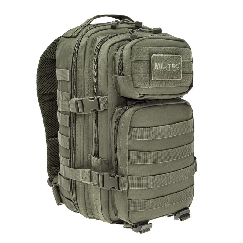 Olive MIL-TEC U.S. Assault style tactical backpack with multiple compartments and MOLLE system, 20L capacity for hiking and outdoor use