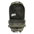 Open olive green MIL-TEC tactical backpack showing compartments and mesh pocket for hiking or outdoor use.