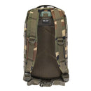 MIL-TEC U.S. Assault tactical backpack in woodland camo with padded straps, waist belt, and MOLLE system, 20 liters capacity.