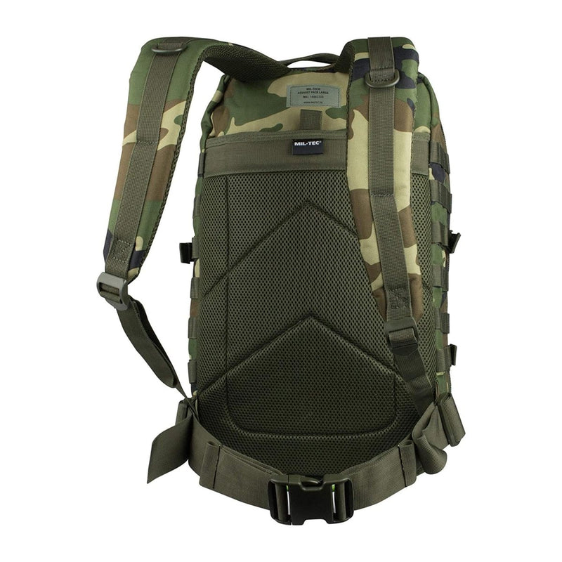 MIL-TEC U.S. Assault 36L woodland camo backpack with padded back and adjustable straps for hiking and tactical use