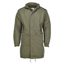 Olive green MIL-TEC M51 military style parka with hood, heavy-duty fabric, and quilted detachable liner for versatile outdoor wear