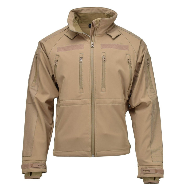 MIL-TEC coyote soft shell hiking jacket with stormproof zips, fleece liner, and adjustable cuffs for outdoor use