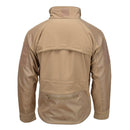 Back view of MIL-TEC coyote soft shell hiking jacket with stormproof design and zippered pockets