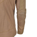 Close-up of Mil-Tec military style combat shirt sleeve in dark coyote with padded elbow protection and ventilation.