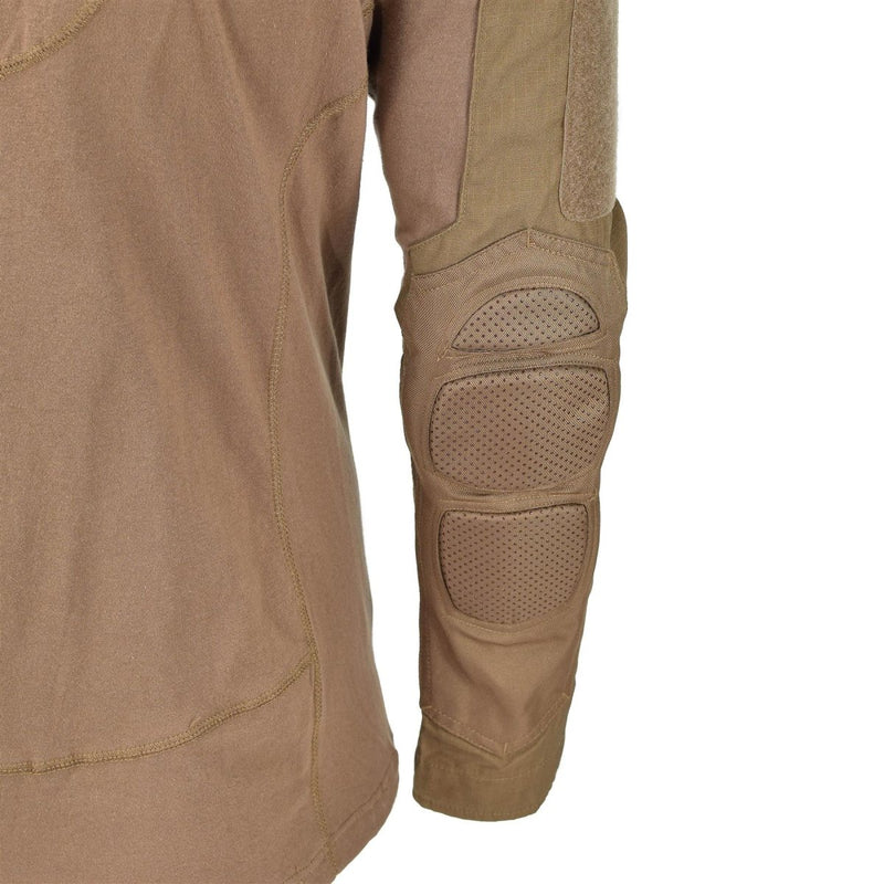 Close-up of Mil-Tec military style combat shirt sleeve in dark coyote with padded elbow protection and ventilation.