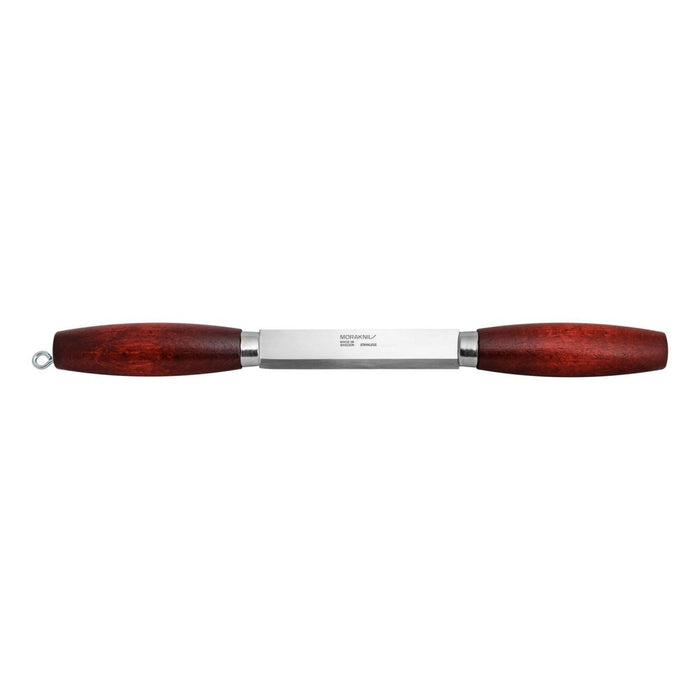 Morakniv Classic wood splitting knife with recycled stainless steel blade and red-stained birch handles, Swedish craftsmanship.