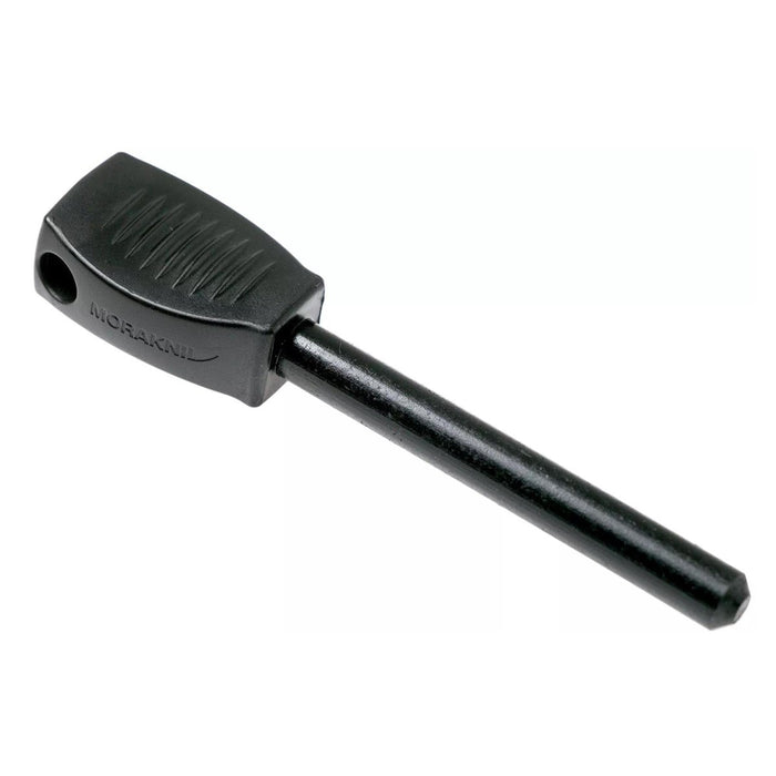 MORAKNIV lightweight steel fire starter in black with textured handle for easy grip, ideal for camping and outdoor use.