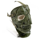 Green US army cold weather face mask with adjustable straps and creepy military design for warmth and protection.