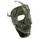 Green US army cold weather face mask with adjustable straps, creepy military design, and insulated lining for warmth.