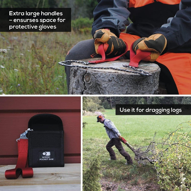 Nordic Pocket Saw with red handles cutting wood, durable nylon case, and used to drag logs outdoors with gloves.