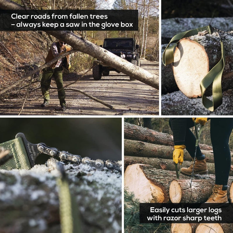 Collage showing the Nordic Pocket Saw cutting wood, its portable size, sharp carbon steel chain, and sturdy handles in outdoor settings.