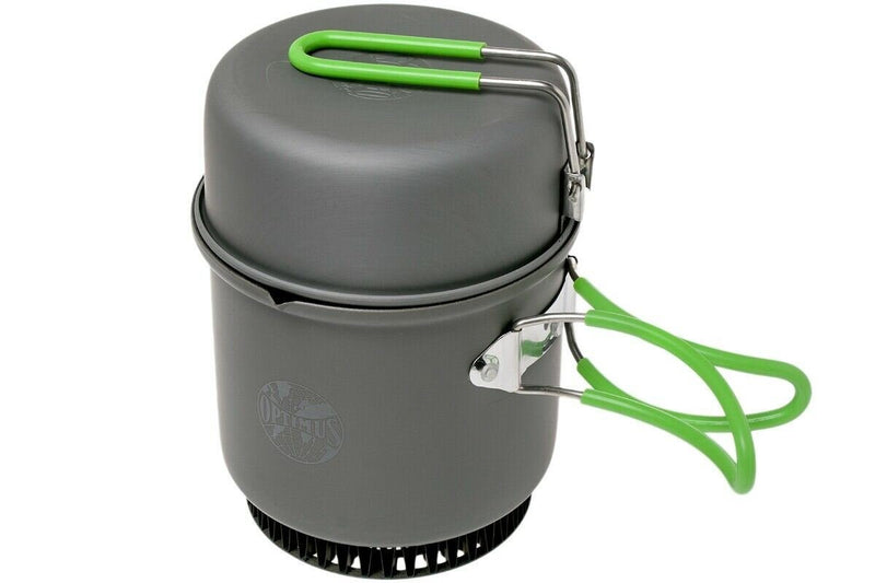 Compact gray hard-anodized aluminum camping stove and pot with green foldable handles for outdoor cooking.
